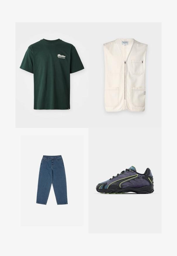 Beegem omamata vest, mis on valmistatud puuvillast, ees lukuga, kahe suure ees taskuga ning väikese sildiga alumises paremas servas.; Roheline puuvillane T-särk ümmarguse kaelusega, lühikeste varrukatega, mille vasakus ülaservas on valge logo. Veidi lõdvem lõige ja siledat tekstuuri.; Sinised teksased, mis on lõdva lõikega, kõrge vöökohaga, viie tasku disainiga ja õmblusaktsentidega. Omab nupuga ja tõmblukuga sulgemist.; Mustad mustavad ja lillad sportjalatsid, millel on tekstuuriga pealmine osa, rohelised aktsentjooned ja kummist tallad, mis on kaunistatud lainelise disainiga. Paelad.