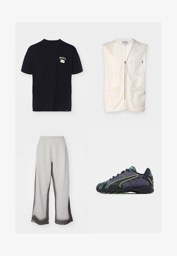 Vesta bej fără mâneci, confecționată din bumbac, cu un fermoar frontal, două buzunare mari în față și un mic etichetă în colțul din dreapta jos.; Tricou din bumbac de culoare bleumarin, cu mâneci scurte, având un grafic pe piept și broderie care spune "DICKIES 100% GENUINE."; Pantaloni de trening gri cu un finisaj texturat, având o degradare treptată de gri închis la tiv, talie elastică și croi larg.; Pantofi sport negri și mov, cu un superior texturat, linii de accent verzi și o talpă din cauciuc cu un design ondulat. Închidere cu șireturi.