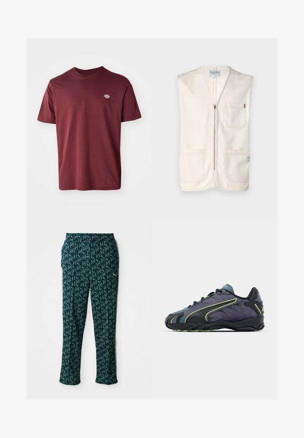 Beige ærmeløs vest lavet af bomuld, med en frontlynlås, to store frontlommer og et lille mærke på den nederste højre side.; Bordeaux bomulds t-shirt med rund hals, korte ærmer og et lille cirkulært brandlogo broderet på venstre bryst.; Grønne mønstrede bukser med et gentaget logo-design, med elastisk talje og lige snit, præsenteret mod en neutral baggrund.; Sorte og lilla sportssko med en tekstureret overdel, grønne accentlinjer og en gummisål med et bølget design. Snørebåndslukning.