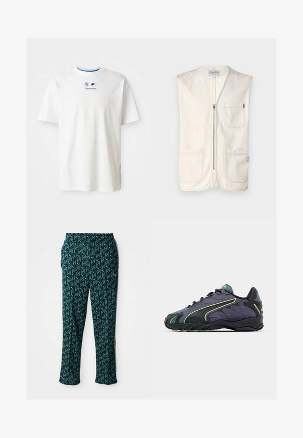 Beige bezrukávový sveter vyrobený z bavlny, so zipsom na prednej strane, dvoma veľkými prednými vreckami a malou nálepkou na dolnej pravej strane.; Biela bavlnená tričko s krátkymi rukávmi, so žltým lemovaním goliera a potlačou loga BMW Motorsport na prednej strane. Hladká textúra, voľný strih.; Zelené nohavice s potlačou, ktoré majú opakovaný dizajn loga, elastický pás a rovný strih, vystavené na neutrálne pozadí.; Čierne a fialové športové topánky s textúrovaným zvrškom, zelenými akcentmi a gumovou podrážkou so vlnkovým vzorom. Šnurovací uzáver.