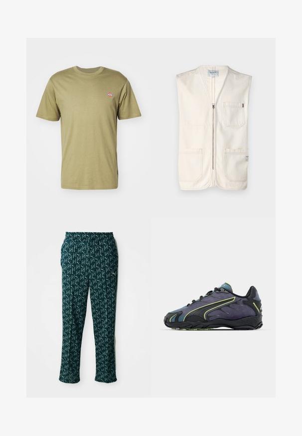 Bežs bezpiedurkņu veste, kas izgatavota no kokvilnas, ar priekšējo rāvējslēdzēju, divām lielām priekšējām kabatām un mazu etiķeti apakšējā labajā stūrī.; Olive krāsas kokvilnas T-krekls ar īsām piedurknēm, apaļu kakla izgriezumu un mazu krāsainu logotipu kreisajā krūtī. Vienkāršs, klasiskas dizains.; Zaļas bikses ar rakstainu dizainu, kas ārējā izskatā atkārto logo, ar elastīgu jostu un taisnu griezumu, izvietotas uz neitrāla fona.; Melnas un purpura sporta kurpes ar teksturētu virsmu, zaļām akcentu līnijām un gumijas zoli ar viļņotu rakstu. Šņores aizdare.