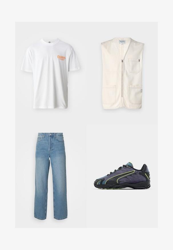 Beige ermeløs vest laget av bomull, med glidelås foran, to store lommer foran og en liten etikett på nedre høyre side.; Hvit bomulls t-skjorte med oransje brodert logo på venstre bryst, kortermet og klassisk rund hals. Myk tekstur.; Høytlivs lys blå denimjeans med rette ben, front lukking med knapp, og fem lommer på ensfarget bakgrunn.; Svarte og lilla treningssko med teksturert overdel, grønne detaljer og gummisåle med bølget design. Snøring.