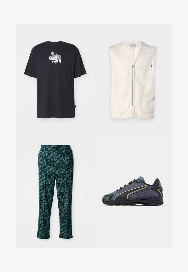 Chaleco sin mangas beige de algodón, con cremallera frontal, dos grandes bolsillos delanteros y una pequeña etiqueta en la parte inferior derecha.; Camiseta negra de algodón con cuello redondo. Presenta un gráfico plateado con el texto "PUMA" y un elemento de diseño en la parte frontal.; Pantalones verdes con un diseño de logo repetido, con cinturilla elástica y corte recto, exhibidos sobre un fondo neutro.; Zapatillas deportivas negras y moradas con un upper texturizado, líneas de acento verdes y una suela de goma con un diseño ondulado. Cierre con cordones.