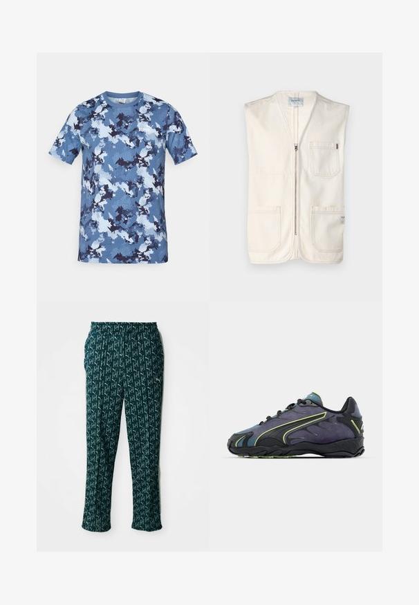 Chaleco sin mangas beige de algodón, con cremallera frontal, dos grandes bolsillos delanteros y una pequeña etiqueta en la parte inferior derecha.; Camiseta de camuflaje azul hecha de tela ligera, con mangas cortas y cuello redondo. Logo blanco en el frontal.; Pantalones verdes con un diseño de logo repetido, con cinturilla elástica y corte recto, exhibidos sobre un fondo neutro.; Zapatillas deportivas negras y moradas con un upper texturizado, líneas de acento verdes y una suela de goma con un diseño ondulado. Cierre con cordones.