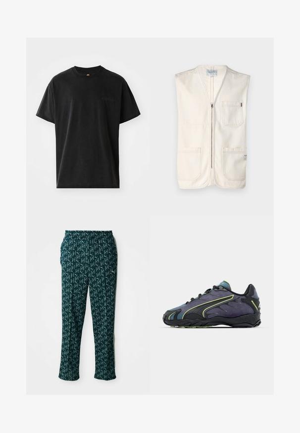 Beegem omamata vest, mis on valmistatud puuvillast, ees lukuga, kahe suure ees taskuga ning väikese sildiga alumises paremas servas.; Must mustre vest, millem kraega ja lühikeste varrukatega. Omab veidi vabamat lõiget, sile pinda ja tagasihoidlikku brändingut ees.; Rohelise mustriga püksid, millel on korduv logo kujundus, elastse vöökoha ja sirge lõikega, esitlemisel neutraalses taustas.; Mustad mustavad ja lillad sportjalatsid, millel on tekstuuriga pealmine osa, rohelised aktsentjooned ja kummist tallad, mis on kaunistatud lainelise disainiga. Paelad.