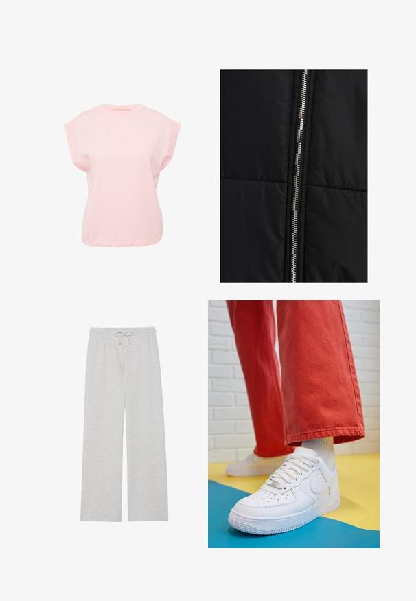 Čierna prešívaná bunda s textúrou, s výrazným strieborným zipsom na jednej strane. Hladká tkanina s minimálnymi prvkami dizajnu.; Sivý pletený sveter s širokým výstrihom, dlhými rukávmi a rebrovanými manžetami. Tkanina vyzerá mäkko s jemnou textúrou a voľným strihom.; Svetloružové bavlnené tričko s krátkymi rukávmi, okrúhlym výstrihom a voľným strihom. Hladká textura, minimalistický dizajn, žiadne viditeľné vzory ani akcenty.; Svetlo šedé tepláky z mäkkého zmesi bavlny, s voľným strihom, elastickým pásom s nastaviteľnou šnúrkou a bez vreciek.; Biele kožené tenisky s perforovanou špičkou, textúrovanou podrážkou a bielymi šnúrkami, spárované so širokými červenými nohavicami na modrom a žltom pozadí.