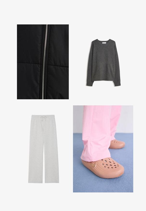 Schwarze Steppjacke mit einer gesteppten Textur, die einen auffälligen silbernen Reißverschluss entlang einer Seite aufweist. Glattes Gewebe mit minimalen Designelementen.; Grauer Strickpullover mit weitem Ausschnitt, langen Ärmeln und gerippten Bündchen. Der Stoff wirkt weich mit einer leichten Textur und bequemer Passform.; Hellgraue Jogginghose aus weichem Baumwoll-Mix, mit weitem Beinschnitt, elastischem Bund und verstellbarem Kordelzug, sowie ohne Taschen.; Nike Clogs aus braunem Kunststoff mit Perforationen, strukturierten Seiten und einem goldenen Swoosh. Getragen mit rosa Hosen auf einem blauen Boden.