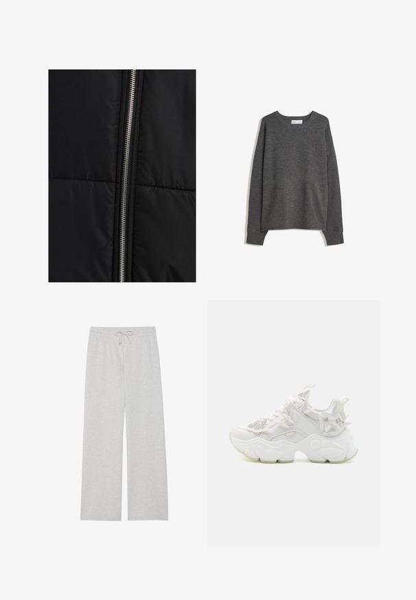 Zwarte pufferjack met een gewatteerde tekstuur, voorzien van een opvallende zilveren ritssluiting aan één zijde. Glad materiaal met minimale ontwerpelementen.; Grijze gebreide trui met een brede halslijn, lange mouwen en geribde boorden. De stof lijkt zacht met een lichte textuur en een ontspannen pasvorm.; Lichtgrijze joggingbroek van zachte katoenmix, met een wijd model, elastische tailleband met verstelbaar trekkoord en zonder zakken.; Witte sneakers met een dikke zool, voorzien van bloemvormige accenten, gestructureerde materialen en een vetersluiting met logo-details.