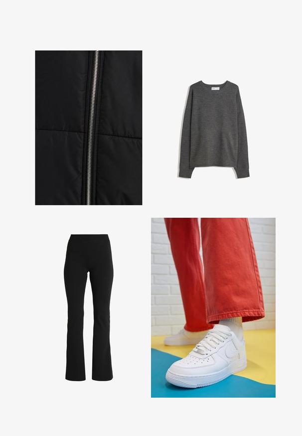 Zwarte pufferjack met een gewatteerde tekstuur, voorzien van een opvallende zilveren ritssluiting aan één zijde. Glad materiaal met minimale ontwerpelementen.; Grijze gebreide trui met een brede halslijn, lange mouwen en geribde boorden. De stof lijkt zacht met een lichte textuur en een ontspannen pasvorm.; Zwarte flared broeken van rekbaar materiaal. Heeft een brede tailleband en een gladde textuur, ontworpen om nauw om de heupen te passen.; Witte leren sneaker met geperforeerde teenbox, gestructureerde zool en witte veters, gecombineerd met wijde rode broeken en een blauw-geel achtergrond.
