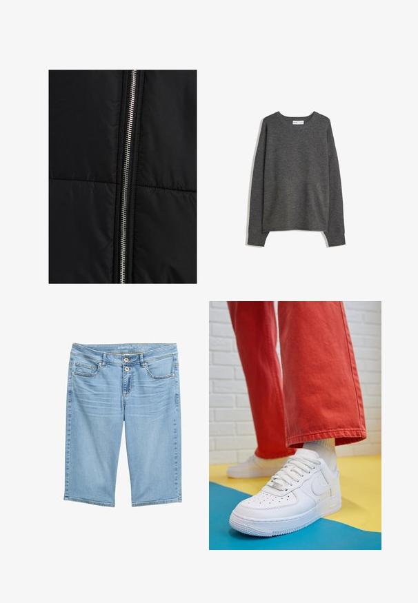Črna puffer jakna s prešitimi teksturami, z izrazitim srebrnim zadrgo ob eni strani. Gladek material z minimalnimi oblikovnimi elementi.; Sivkasta pleteno pulover s širokim izrezom, dolgimi rokavi in ribanim robom. Tkanina se zdi mehka s rahlo teksturo in sproščenim krojem.; Svetlo modri jeans Bermuda šortsi s srednjim pasom, dvema sprednjima žepoma in dvema gumboma za zapiranje. Gladka tekstura in ravno krojenje.; Beli usnjeni športni čevlji s perforiranim prstnim delom, teksturiranim podplatom in belimi vezalkami, v kombinaciji s širokimi rdečimi hlačami in modro-rumeno ozadje.