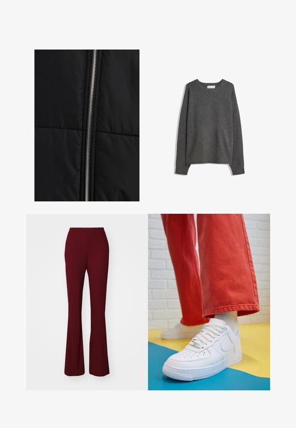 Črna puffer jakna s prešitimi teksturami, z izrazitim srebrnim zadrgo ob eni strani. Gladek material z minimalnimi oblikovnimi elementi.; Sivkasta pleteno pulover s širokim izrezom, dolgimi rokavi in ribanim robom. Tkanina se zdi mehka s rahlo teksturo in sproščenim krojem.; Bordo ribane hlače s širokimi naramnicami in elastičnim pasom. Imajo gladko teksturo in prilegajoč silhueto, ki se razširi do flared roba.; Beli usnjeni športni čevlji s perforiranim prstnim delom, teksturiranim podplatom in belimi vezalkami, v kombinaciji s širokimi rdečimi hlačami in modro-rumeno ozadje.