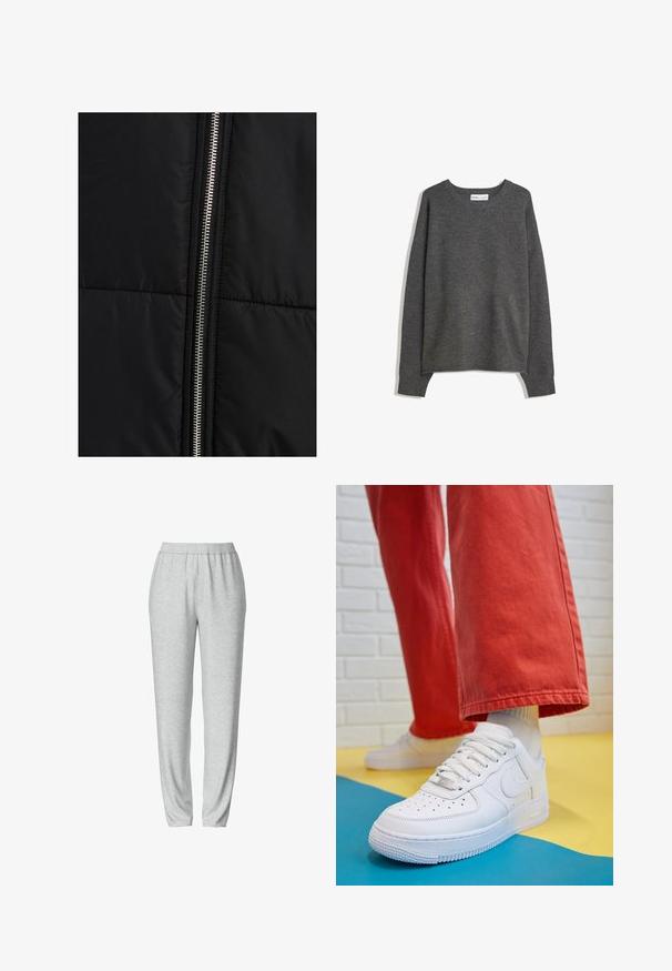 Čierna prešívaná bunda s textúrou, s výrazným strieborným zipsom na jednej strane. Hladká tkanina s minimálnymi prvkami dizajnu.; Sivý pletený sveter s širokým výstrihom, dlhými rukávmi a rebrovanými manžetami. Tkanina vyzerá mäkko s jemnou textúrou a voľným strihom.; Šedé tepláky s elastickým pásom, zúženým strihom, mäkkou textúrou a bez viditeľných vzorov alebo kovových detailov.; Biele kožené tenisky s perforovanou špičkou, textúrovanou podrážkou a bielymi šnúrkami, spárované so širokými červenými nohavicami na modrom a žltom pozadí.