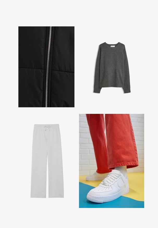 Svart puffjacka med quiltad textur, med en framträdande silverfärgad dragkedja längs ena sidan. Slät tyg med minimala designelement.; Grå stickad tröja med bred halsringning, långa ärmar och ribbade muddarna. Tyget verkar mjukt med en lätt textur och avslappnad passform.; Ljust grå svettbyxor i mjuk bomullsblandning, med vida ben, elastisk midja med justerbar dragsko och utan fickor.; Vita lädersneakers med perforerat tåparti, texturerad sula och vita snören, kombinerat med vida röda byxor och en blå och gul bakgrund.