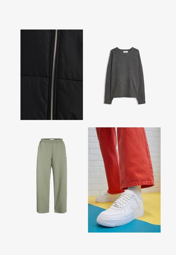 Črna puffer jakna s prešitimi teksturami, z izrazitim srebrnim zadrgo ob eni strani. Gladek material z minimalnimi oblikovnimi elementi.; Sivkasta pleteno pulover s širokim izrezom, dolgimi rokavi in ribanim robom. Tkanina se zdi mehka s rahlo teksturo in sproščenim krojem.; Olive zelene trenirke, izdelane iz mehkega bombažnega materiala, z elastičnim pasom, ohlapnim krojem in minimalističnim dizajnom s majhnim logotipom.; Beli usnjeni športni čevlji s perforiranim prstnim delom, teksturiranim podplatom in belimi vezalkami, v kombinaciji s širokimi rdečimi hlačami in modro-rumeno ozadje.
