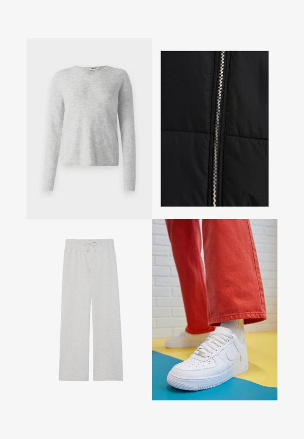Črna puffer jakna s prešitimi teksturami, z izrazitim srebrnim zadrgo ob eni strani. Gladek material z minimalnimi oblikovnimi elementi.; Siva pletena pulover s rebrasto teksturo, dolgimi rokavi in obliko V-izreza. Preprost in minimalističen videz.; Svetlo sivi trenirci iz mešanice mehkega bombaža, z širokim krojem, elastičnim pasom z nastavljivo vrvico in brez žepov.; Beli usnjeni športni čevlji s perforiranim prstnim delom, teksturiranim podplatom in belimi vezalkami, v kombinaciji s širokimi rdečimi hlačami in modro-rumeno ozadje.