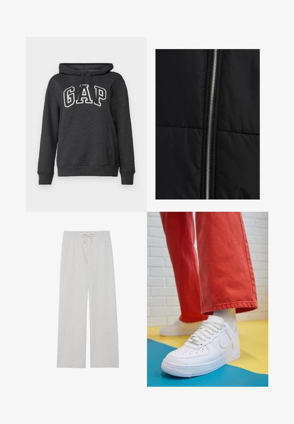 Černá péřová bunda s prošívanou texturou, s výrazným stříbrným zipem na jedné straně. Hladká látka s minimálními designovými prvky.; Tmavě šedá mikina s kapucí vyrobená z měkké tkaniny, s klokaní kapsou, šňůrkou na kapuci a velkým bílým logem "GAP" na přední straně.; Světle šedé tepláky z měkké bavlněné směsi, které mají široké nohavice, elastický pas s nastavitelnou šňůrkou a žádné kapsy.; Bílé kožené tenisky s perforovanou špičkou, texturovanou podešví a bílými tkaničkami, v kombinaci s širokými červenými kalhotami a modro-žlutým pozadím.