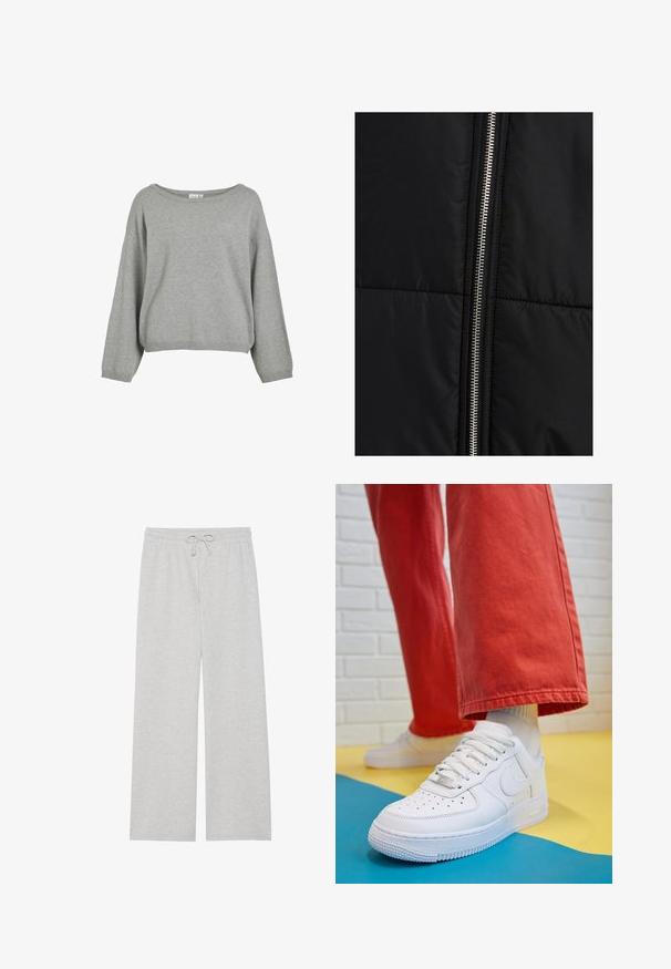 Must musta jakk, millel on tikitud tekstuur, silmatorkava hõbedase lukuga ühel küljel. Sile kangas, millel on minimaalsed disainelemendid.; Hallide harjatud kampsun lõdva istuvuse, laia kaeluse ja pikkade varrukatega. Ribakujuline äär ja varrukate otstest. Pehme tekstuur minimalistliku disainiga.; Heledad hallhalli pehmes puuvillaseguses, millel on lai jalgade disain, elastne vöökoht reguleeritava nööriga ja ilma taskuteta.; Valge nahast tennis, millel on perforeeritud varvas, tekstureeritud tallad ja valged shoelaces, kombineeritud laia punase pükste ja sinise ning kollase taustaga.