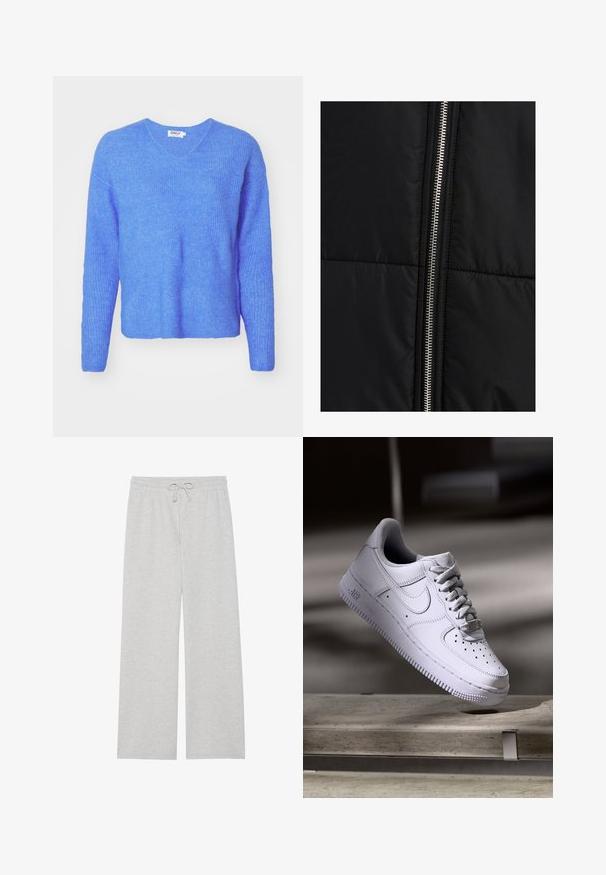 Črna puffer jakna s prešitimi teksturami, z izrazitim srebrnim zadrgo ob eni strani. Gladek material z minimalnimi oblikovnimi elementi.; Modra rebrasta pletena jopica z V-izrezom, dolgimi rokavi in sproščenim krojem. Narejena iz mehke, teksturirane tkanine. Etiketa nosi napis "ONLY."; Svetlo sivi trenirci iz mešanice mehkega bombaža, z širokim krojem, elastičnim pasom z nastavljivo vrvico in brez žepov.; Nike Sportswear AIR FORCE 1 07 - Športni copati - white