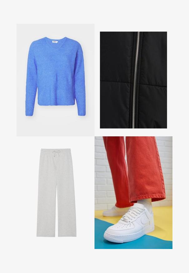 Crna puf jakna s ušivenim uzorkom, koja sadrži istaknuti srebrni zatvarač sa strane. Glatka tkanina s minimalnim dizajnerskim elementima.; Plavi rebrasti pleteni pulover s V-izrezom, dugim rukavima i opuštenim krojem. Napravljen od mekanog, teksturiranog materijala. Oznaka kaže "ONLY."; Svijetlosive trenirke od mekanog pamučnog materijala s širokim nogavicama, elastičnom strukom s podesivom vezicom i bez džepova.; Bijele kožne tenisice s perforiranim prednjim dijelom, teksturiranim đonom i bijelim vezicama, u kombinaciji s širokim crvenim hlačama i plavo-žutom pozadinom.