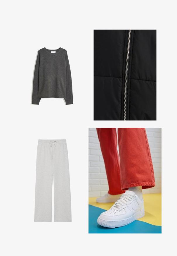 Schwarze Steppjacke mit einer gesteppten Textur, die einen auffälligen silbernen Reißverschluss entlang einer Seite aufweist. Glattes Gewebe mit minimalen Designelementen.; Grauer Strickpullover mit weitem Ausschnitt, langen Ärmeln und gerippten Bündchen. Der Stoff wirkt weich mit einer leichten Textur und bequemer Passform.; Hellgraue Jogginghose aus weichem Baumwoll-Mix, mit weitem Beinschnitt, elastischem Bund und verstellbarem Kordelzug, sowie ohne Taschen.; Weiße Leder-Sneaker mit perforiertem Zehenbereich, strukturiertem Sohlen und weißen Schnürsenkeln, kombiniert mit weiten roten Hosen und einem blauen und gelben Hintergrund.