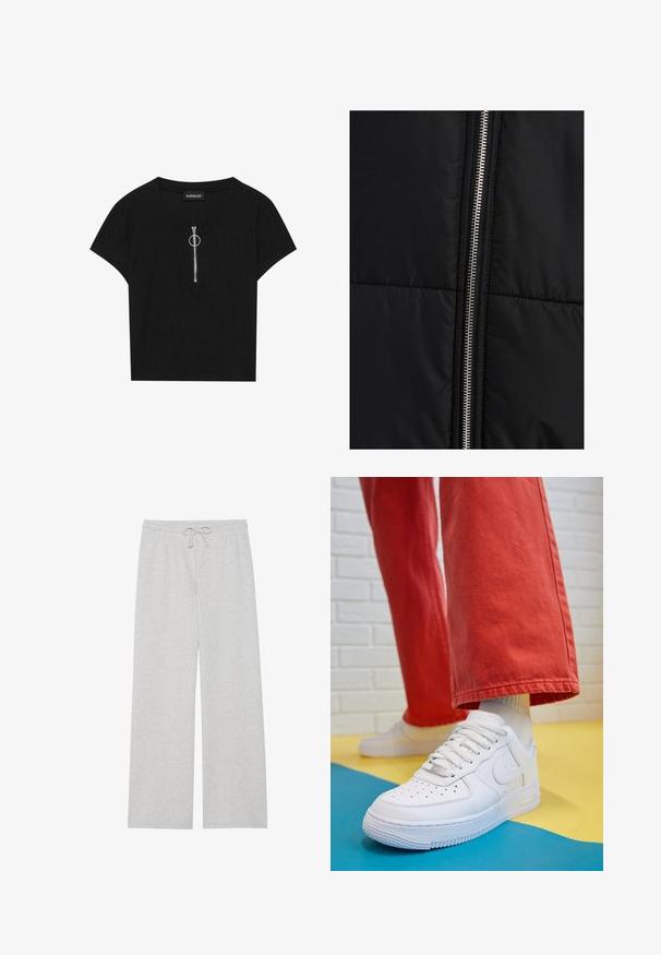 Schwarze Steppjacke mit einer gesteppten Textur, die einen auffälligen silbernen Reißverschluss entlang einer Seite aufweist. Glattes Gewebe mit minimalen Designelementen.; Schwarzes, geripptes Kurzarmoberteil mit Rundhalsausschnitt und einem Frontreißverschluss mit einer metallischen Zuglasche, aus einem strukturierten Stoff gefertigt.; Hellgraue Jogginghose aus weichem Baumwoll-Mix, mit weitem Beinschnitt, elastischem Bund und verstellbarem Kordelzug, sowie ohne Taschen.; Weiße Leder-Sneaker mit perforiertem Zehenbereich, strukturiertem Sohlen und weißen Schnürsenkeln, kombiniert mit weiten roten Hosen und einem blauen und gelben Hintergrund.