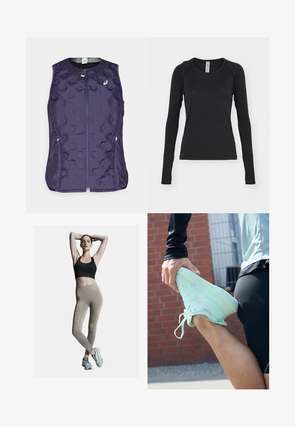 ASICS NAGINO RUN PADDED GILET - Strukirani kaput - indigo fog; Crna košulja dugih rukava, izrađena od mekanog materijala. Ima okrugli izrez i raglan rukave s otvorima za palčeve na manžetama. Minimalistički dizajn.; Crni sportski grudnjak i bež tajice visokog struka, s bočnim šavovima i akcentima. Model nosi svijetlosive sportske cipele s mekanim đonom.; ASICS GEL-NIMBUS 26 - Tenisice za cestovno trčanje - mint tint/pale mint