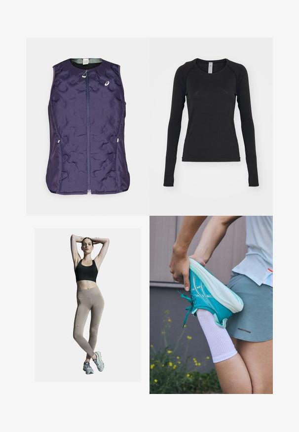 ASICS NAGINO RUN PADDED GILET - Bodywarmer - indigo fog; Zwarte longsleeve shirt, gemaakt van zachte stof. Beschikt over een ronde hals en raglanmouwen met duimgaten bij de manchetten. Minimalistisch ontwerp.; Zwarte sportbeha en beige hoge taillelegging, met zijnaad en accenten. Model draagt lichtgrijze sportschoenen met een gevoerde zool.; Turkooise sportieve schoen met een gestructureerd oppervlak, witte veters en zool. Persoon die been stretcht draagt een witte sok en grijze sportshorts.