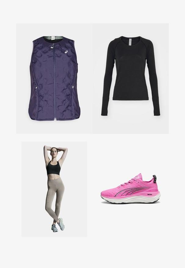 ASICS NAGINO RUN PADDED GILET - Liemenė - indigo fog; Juoda ilgomis rankovėmis marškinėliai, pagaminti iš minkštos medžiagos. Suapvalintas kaklas ir raglano tipo rankovės su išpjovomis nykščiams ant rankogalių. Minimalistinis dizainas.; Juodas sportinis liemenukas ir smėlio spalvos aukštu liemeniu leggingai, su šoninėmis siūlėmis ir akcentais. Modelis dėvi šviesiai pilkus sportinius batus su paminkštintu padu.; Puma FOREVER NITRO - Bėgimo batai plentui - poison pink black