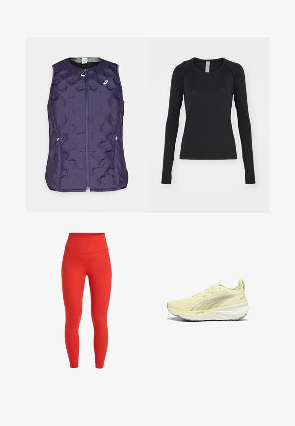 ASICS NAGINO RUN PADDED GILET - Bodywarmer - indigo fog; Zwarte longsleeve shirt, gemaakt van zachte stof. Beschikt over een ronde hals en raglanmouwen met duimgaten bij de manchetten. Minimalistisch ontwerp.; Rode high-waisted legging met een gladde textuur, voorzien van een zijzak en een klein logo boven de tailleband. Strak aansluitend ontwerp.; Lichtgele sportschoen met een gestructureerde bovenkant, grijze accenten en een gevoerde zool. Beschikt over een vetersluiting en een lus aan de hiel.