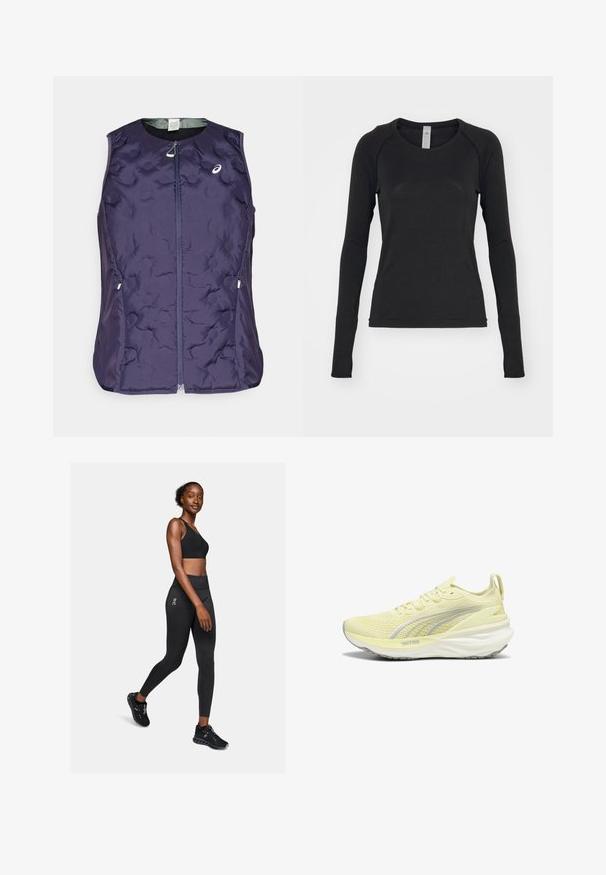 ASICS NAGINO RUN PADDED GILET - Veste sans manches - indigo fog; Chemise à manches longues noire, fabriquée en tissu doux. Présente un col rond et des manches raglan avec des ouvertures pour les pouces au niveau des poignets. Design minimaliste.; Soutien-gorge de sport noir et leggings en matériau extensible, avec une taille haute et un détail de logo, accompagnés de chaussures de sport noires.; Baskets de sport jaune clair avec une tige texturée, des accents gris et une semelle rembourrée. Dispose d'un laçage et d'une languette au talon.