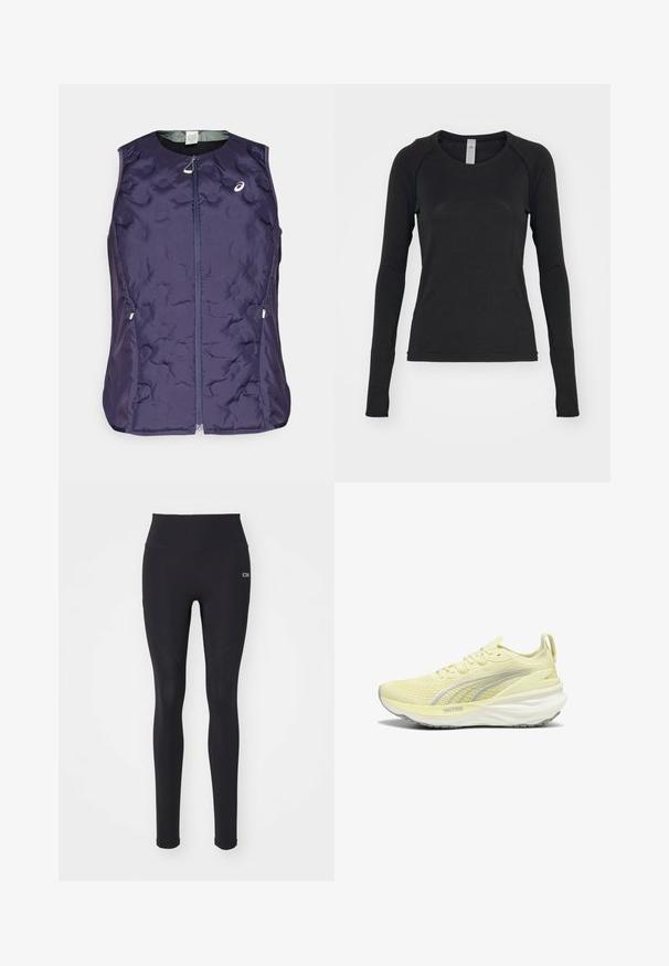 ASICS NAGINO RUN PADDED GILET - Smanicato - indigo fog; Camicia a maniche lunghe nera, realizzata in tessuto morbido. Presenta un collo rotondo e maniche raglan con aperture per il pollice nei polsini. Design minimalista.; Leggings neri realizzati in tessuto elasticizzato, design a vita alta, texture liscia, con dettagli di cucitura e un piccolo logo.; Scarpa da ginnastica gialla chiara con parte superiore testurizzata, accenti grigi e suola ammortizzata. Presenta un design con lacci e una linguetta sul tallone.