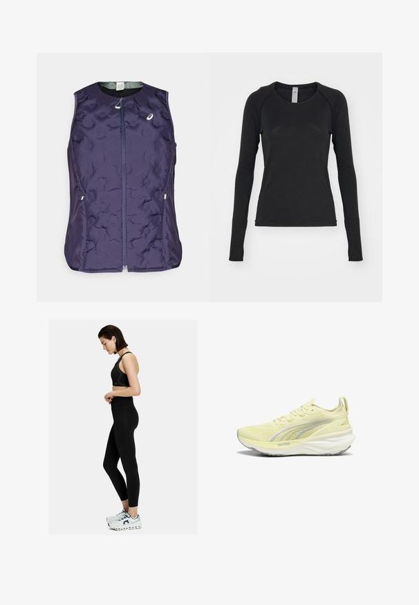 ASICS NAGINO RUN PADDED GILET - Vest - indigo fog; Langærmet skjorte i sort, lavet af blødt stof. Har rund hals og raglanærmer med tommelfingerhuller ved manchetterne. Minimalistisk design.; Sort atletisk sportsbh og leggings med høj talje. Har glat tekstur og en tætsiddende design. Sammen med hvide og grå sneakers.; Lys gul atletiksko med en tekstureret overdel, grå accenter og en polstret sål. Har et snørebåndsdesign og en trækstrop ved hælen.
