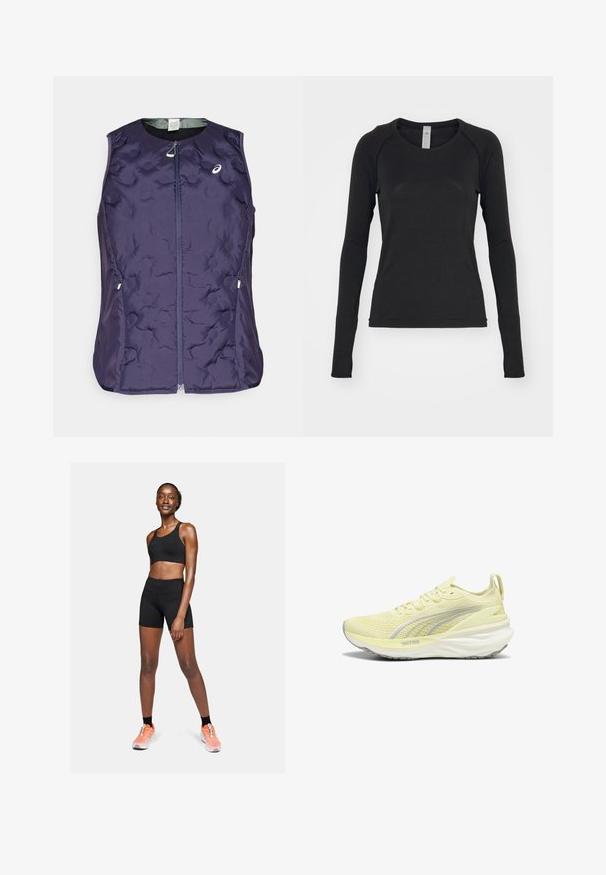 ASICS NAGINO RUN PADDED GILET - Liivi - indigo fog; Pitkähihaista mustaa paitaa, joka on valmistettu pehmeästä kankaasta. Ominaisuuksina pyöreä pääntie ja raglan-hihat, joissa on sormiaukot hihansuissa. Minimalistinen muotoilu.; Musta urheilu-toppi ja shortsit, jotka on valmistettu joustavasta materiaalista, ja niissä on tiukka muotoilu. Oranssit ja valkoiset urheilukengät täydentävät asua.; Vaaleankeltainen urheilukenkä, jossa on teksturoitu päällinen, harmaat yksityiskohdat ja pehmeä pohja. Sisältää nauhakiinnityksen ja vetotabin kantapäässä.