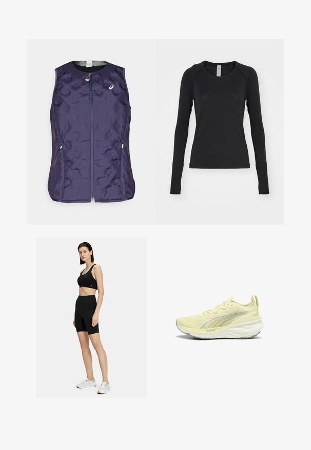 ASICS NAGINO RUN PADDED GILET - Vest - indigo fog; Langærmet skjorte i sort, lavet af blødt stof. Har rund hals og raglanærmer med tommelfingerhuller ved manchetterne. Minimalistisk design.; On MOVEMENT - Tights - black; Lys gul atletiksko med en tekstureret overdel, grå accenter og en polstret sål. Har et snørebåndsdesign og en trækstrop ved hælen.