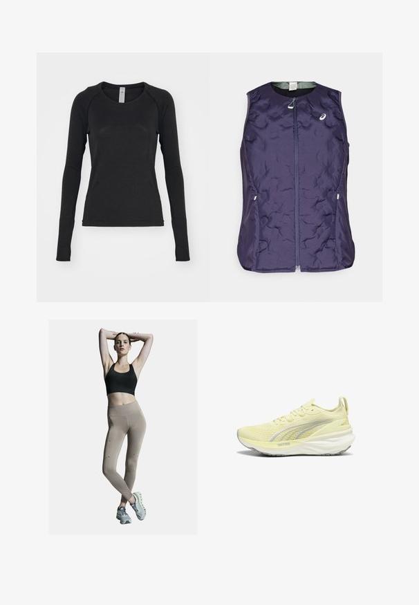 ASICS NAGINO RUN PADDED GILET - Mellény - indigo fog; Fekete hosszú ujjú póló, puha anyagból készült. Kerek nyakú és rakott ujjal rendelkezik, az ujjak végén hüvelykujjnak való nyílással. Minimalista dizájn.; Fekete sportmelltartó és bézs, magas derekú leggings, oldalsó varratokkal és díszítésekkel. A modellen világosszürke sportcipők vannak, amelyek párnázott talppal rendelkeznek.; Világos sárga sportcipő, texturált felsőrésszel, szürke akcentusokkal és párnázott talppal. Fűzős kialakítású, és húzófüllel rendelkezik a saroknál.