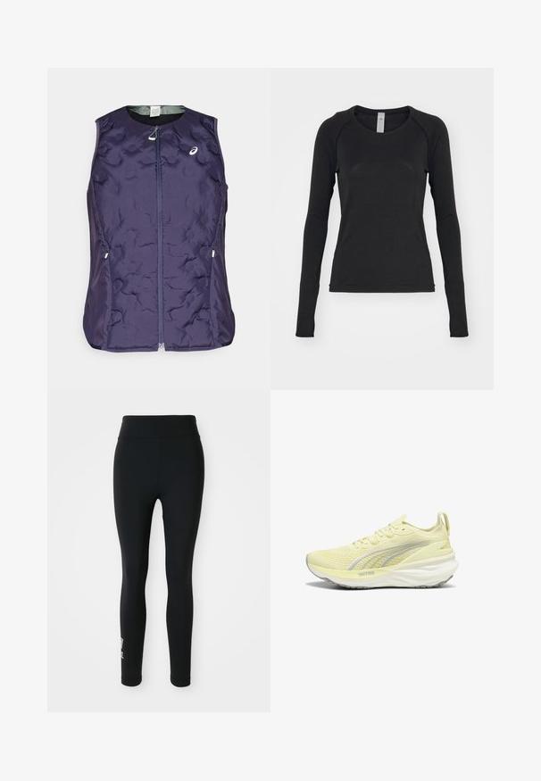 ASICS NAGINO RUN PADDED GILET - Väst - indigo fog; Svart långärmad skjorta, tillverkad av mjukt tyg. Har rundad halsringning och raglanärmar med tumhål vid ärmsluten. Minimalistisk design.; Svarta leggings i stretchigt material, med hög midja och en liten tryckt logotyp på ett ben. Slät textur, kroppsnära design.; Ljusgul sportskor med en strukturerad ovandel, grå accenter och en dämpad sula. Funktioner inkluderar snörningsdesign och en dragflik vid hälen.