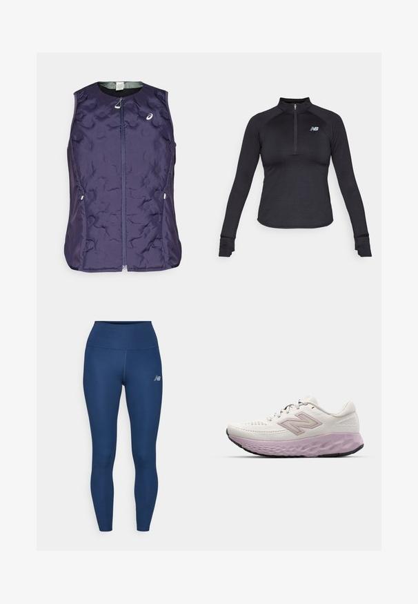 ASICS NAGINO RUN PADDED GILET - Vesta - indigo fog; Černý sportovní top s dlouhým rukávem a polovičním zipem na límci, texturovaná tkanina a malé šedé logo na levé hrudi. Tvarově přiléhavý design.; Tmavě modré sportovní legíny vyrobené z pružného materiálu, s vysokým pasem, hladkou texturou a malým reflexním logem na boku.; Lehká běžecká obuv z bílého síťovaného materiálu s růžovou mezipodešví. Obsahuje texturovanou podrážku a boční logo, navržena pro pohodlí a podporu.