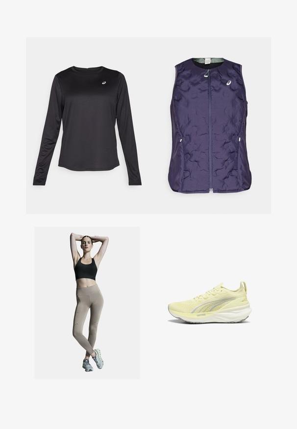 ASICS NAGINO RUN PADDED GILET - Vesta - indigo fog; Čierna atletická košeľa s dlhým rukávom vyrobená z ľahkého materiálu. Má okrúhly výstrih a malé logo na hrudi. Hladká textura.; Čierny športový podprsenka a béžové legíny s vysokým pásom, so bočnými švami a akcentmi. Model má na sebe svetlošedé športové topánky s odpruženou podrážkou.; Svetložlté športové tenisky s textúrovaným zvrškom, šedými akcentmi a polstrovanou podrážkou. Majú šnurovací dizajn a pútko na päte.