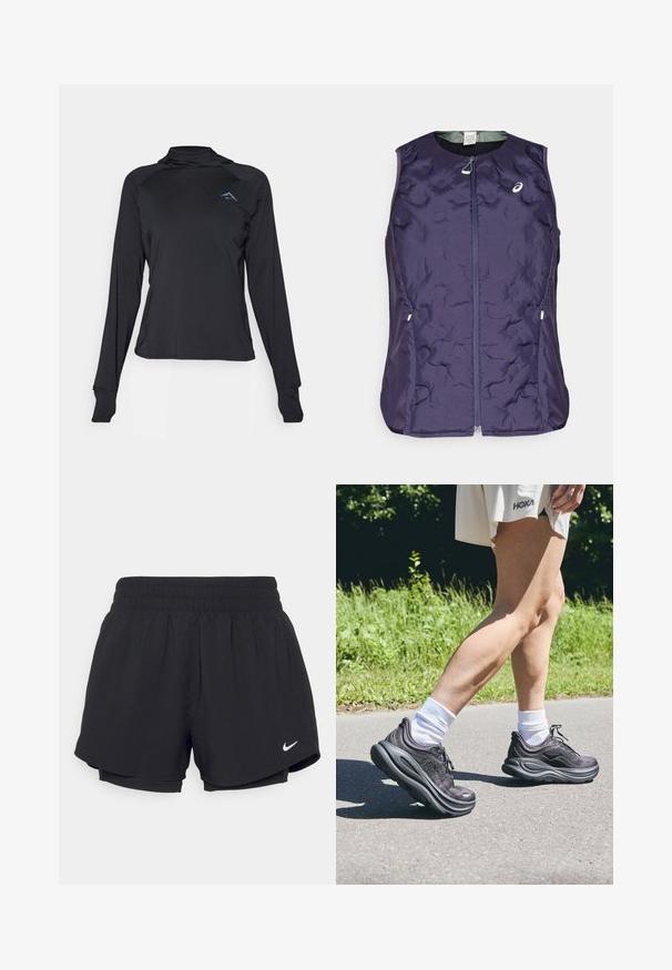 ASICS NAGINO RUN PADDED GILET - Waistcoat - indigo fog; Black long-sleeve athletic top with a high collar, made of smooth fabric featuring a small blue logo on the chest and thumbholes in cuffs.; Black athletic shorts with a gathered elastic waistband, inner lining, and white Nike logo on the lower left side. Smooth, lightweight fabric.; Black athletic shoes with textured fabric, thick cushioned soles, and laces, paired with white socks and a light beige garment.