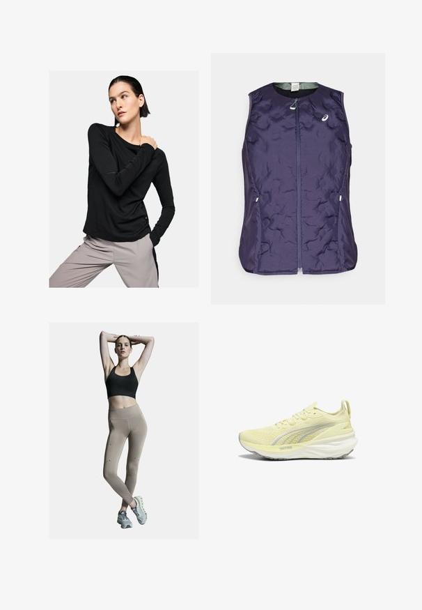 ASICS NAGINO RUN PADDED GILET - Vest - indigo fog; Pikkade varrukatega must särk pehmest kangast, millel on ümar kaelus ja liibuv siluett, sobitatud heledate hallide pükstega.; Must mustriga ja beež kõrge vöökohtadega retuusid, millel on külgseamed ja aktsendid. Mudel kannab heledat halli spordijalatsit, millel on pehme tallatoe.; Heled kollane spordijalanõud tekstureeritud pealmise osaga, hallide aktsentidega ja pehme tallaga. Omab nöörimise kujundust ja tõmbeauku kontsas.