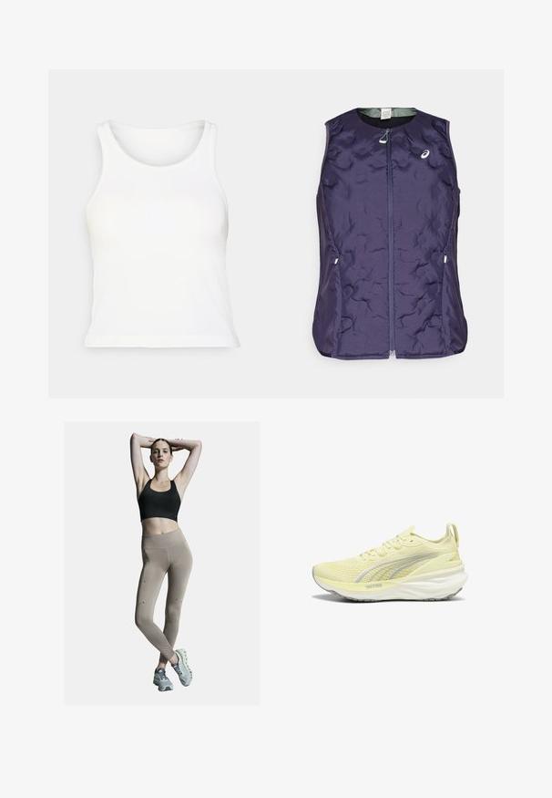 ASICS NAGINO RUN PADDED GILET - Brezrokavnik - indigo fog; Bela rebrasta majica brez rokavov s zaobljenim izrezom. Mehka tekstura, oprijet kroj in ravni rob. Brez vzorcev ali dodatkov.; Črn športni nedrček in bež legice z visoko pasom, ki vsebujejo stranske šive in akcentne detajle. Manekenka nosi svetlo sivo športno obutev z blažilnim podplatom.; Svetlo rumena športna obutev z strukturiranim zgornjim delom, sivi detajli in blaženo podplatom. Ima zavezovanje s vezalkami in zanko na peti.