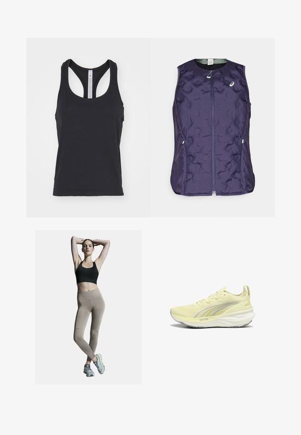 ASICS NAGINO RUN PADDED GILET - Brezrokavnik - indigo fog; lululemon SWIFTLY TECH RACERBACK TANK - Top - black black; Črn športni nedrček in bež legice z visoko pasom, ki vsebujejo stranske šive in akcentne detajle. Manekenka nosi svetlo sivo športno obutev z blažilnim podplatom.; Svetlo rumena športna obutev z strukturiranim zgornjim delom, sivi detajli in blaženo podplatom. Ima zavezovanje s vezalkami in zanko na peti.