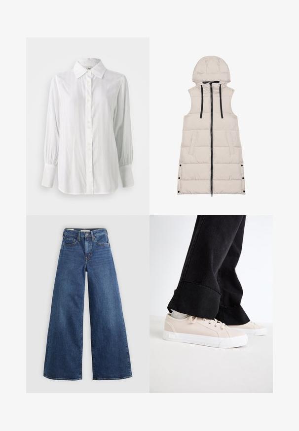 Ne brezrokavnik bež barve z kapuco, z zadrgo spredaj in črnimi vrvicami. Ima stranske žepe in quiltano teksturo.; Bela srajca s gumbi, pokončnimi črtami, dolgimi napihnjenimi rokavi in klasičnim ovratnikom. Ima vrsto petih gumbov spredaj.; Široke jeans hlače iz modrega denima z petimi žepi, zapiranjem na gumb in kontrastnim šivanjem, ki se ponašajo z mehko in teksturirano obdelavo.; Svetlo bež platnene superge z belimi gumijastimi podplati, vezalkami in subtilnimi stranskimi detajli, v kombinaciji z črnimi, obrabljenimi širokimi hlačami.