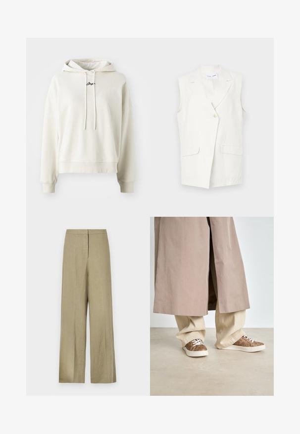 Blazer senza maniche in misto lino bianco, con un solo bottone frontale, rever a punta e due tasche frontali. Texture liscia.; Felpa color crema, in cotone, dal taglio rilassato, con cappuccio regolabile, polsini e orlo a coste, logo ricamato sul petto.; Pantaloni larghi di colore verde chiaro realizzati in lino. Caratterizzati da una vita alta e un design frontale pulito con una sola piega.; Trench coat beige sopra pantaloni larghi beige chiaro. Sneakers marroni con un motivo testurizzato e lacci bianchi. Pavimento liscio e minimalista.