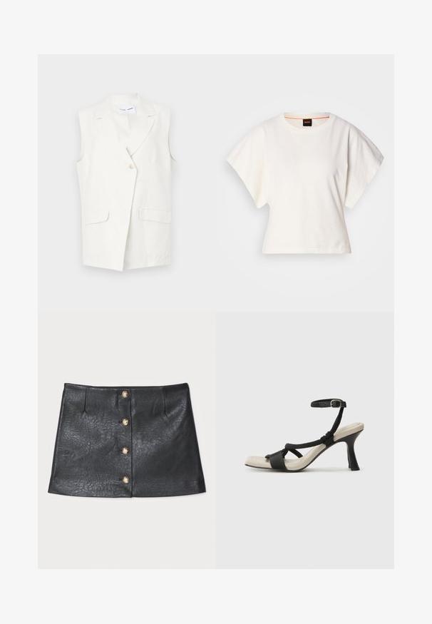 Blazer branco sem mangas em uma mistura de linho, apresentando um único botão frontal, lapelas recortadas e dois bolsos frontais. Textura suave.; T-shirt branco cropped, mangas curtas e largas, material de algodão suave, decote redondo com um discreto acabamento laranja, design minimalista, sem padrões ou gráficos.; Saia mini de couro preta com um design elegante, fecho frontal com botão e detalhes dourados, e superfície texturizada com um brilho subtil.; Sandal com salto alto preto e design de tiras trançadas, bico quadrado e tira de tornozelo ajustável. Sola em tom bege claro com um salto preto brilhante.