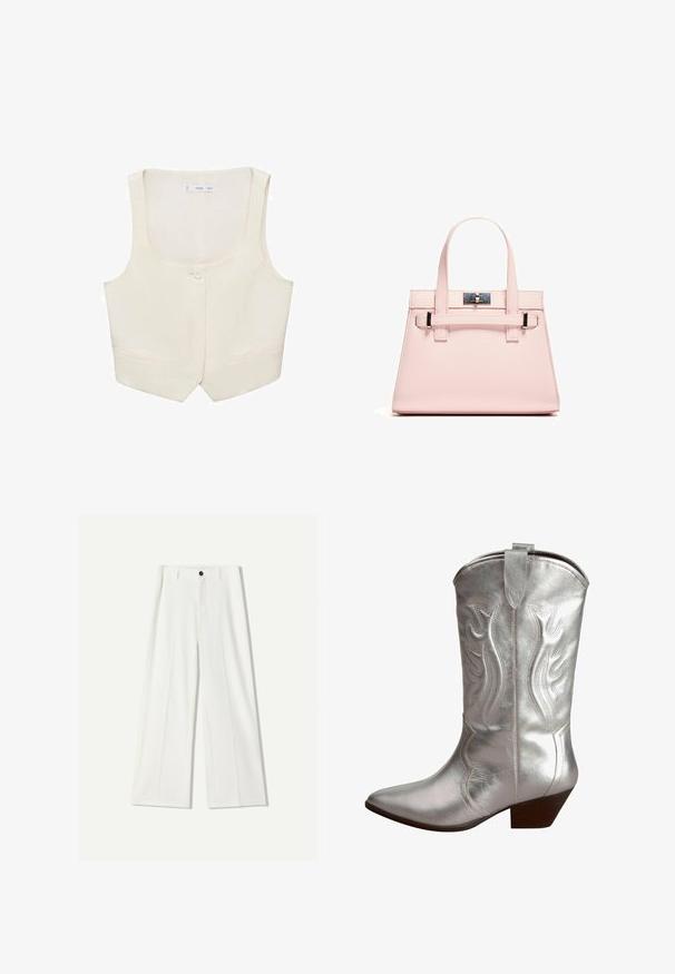 Ärmellose beige Weste mit rundem Halsausschnitt, einem Knopfverschluss und zwei Vordertaschen; glattes Material mit minimaler Ausstattung.; Weißes Baumwoll-T-Shirt mit kurzen Ärmeln und rundem Ausschnitt. Einfaches Design, lockere Passform, glatte Textur. Keine Muster oder Verzierungen sichtbar.; Weiße, weit geschnittene Hosen aus glattem Stoff, mit einem Verschluss im Frontbereich und gefälteltenDetails. Flach geschnittenes Design, ohne sichtbare Taschen.; Silberne metallische Cowboy-Stiefel mit spitzer Zehenpartie, dekorativen Nähten und niedrigem, gestapeltem Absatz. Verfügt über eine Schlaufe an der Oberseite für ein einfaches Anziehen.; Rosa strukturierte Handtasche aus strukturiertem Leder mit zwei Obergriffen, einem Klappverschluss und kontrastierenden Metallelementen.