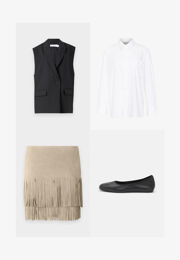 Blazer senza maniche nero realizzato in tessuto liscio, con colletto a punte, chiusura con un bottone e due tasche frontali.; Camicia bianca a maniche lunghe con colletto in cotone. Caratterizzata da una chiusura con bottoni e una tasca sul petto singola. Tessuto liscio, vestibilità comoda.; Mini gonna in suede beige con orlo a frange. Texture liscia con lunghezze di frange uniformi lungo il bordo inferiore. Design classico.; Pantofole da balletto nere in pelle con punta arrotondata, texture liscia, dettagli di cucitura minimi e design con suola flessibile.
