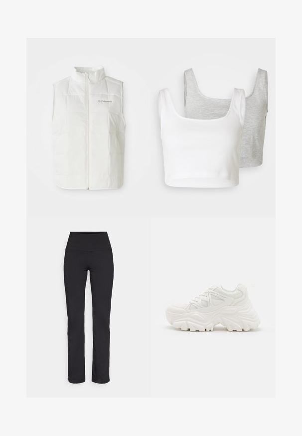 Gilet senza maniche imbottito bianco Columbia con zip frontale e colletto alto, motivo a quadri trapuntato e logo sul lato sinistro del petto.; Due top cropped: uno bianco in tessuto a coste; uno grigio chiaro con texture mélange. Entrambi hanno spalline larghe e scollo rotondo.; Leggings neri con vita alta, realizzati in tessuto elasticizzato, con una superficie liscia e gambe dritte. Nessun motivo o dettaglio visibile.; Sneaker chunky bianchi con una parte superiore testurizzata, pannelli in mesh e suole di gomma spesse con un modello di battistrada prominente. Inclusi lacci e linguetta per il tallone.