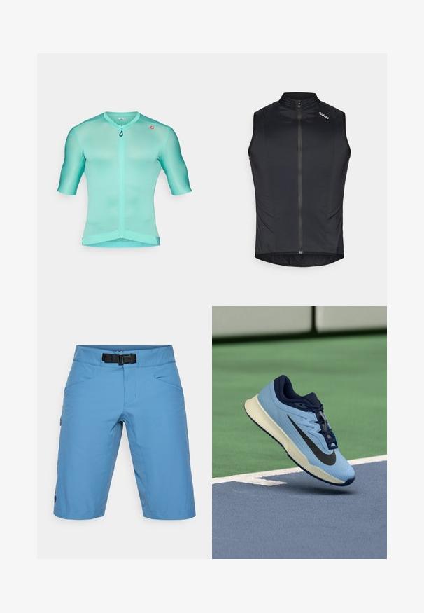 Chaleco de ciclismo sin mangas negro, hecho de una tela suave y ligera, con cremallera delantera, cuello alto y un sutil detalle del logotipo en el hombro.; Jersey de ciclismo de manga corta en aqua claro, hecho de una tela suave y transpirable con cremallera frontal y costuras planas para mayor comodidad.; Pantalones cortos de color azul claro con cinturón, confeccionados en una tela suave. Presenta dos bolsillos frontales y un bolsillo lateral con cremallera.; Zapatilla deportiva azul claro con acentos en azul marino, parte superior de malla texturada y logo Swoosh negro. Cuenta con una entresuela acolchada y suela de goma.