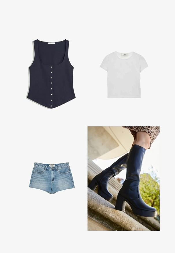 Bezramionkowy, ciemnogranatowy top na ramiączkach z okrągłym dekoltem i siedmioma srebrnymi napami z przodu, lekko rozszerzający się u dołu.; Biała koszulka z krótkim rękawem i okrągłym dekoltem, wykonana z miękkiej bawełny, charakteryzująca się prostym, czystym wzorem bez widocznych zdobień ani akcentów.; Jeansowe szorty, jasnoniebieskie, z wysokim stanem, pięć kieszeni, postrzępiony brzeg, standardowe zapięcie na guzik, metka z logo na pasku.; mtng NEW - Kozaki na platformie